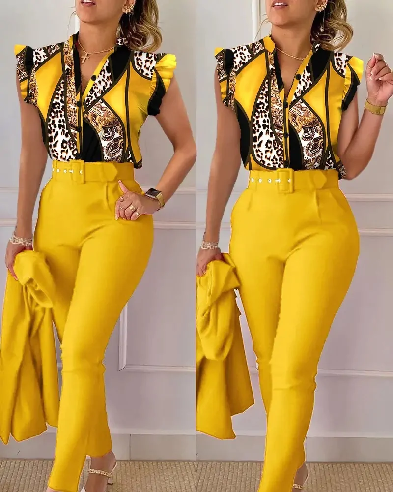Summer Fashion Print Two Piece Set Women Casual Office Ladies Button Flying Sleeve Shirt Pants Two Piece Set Women