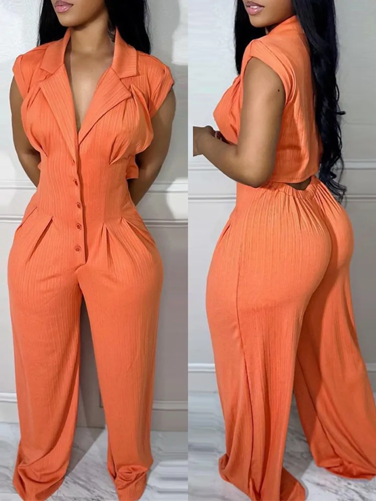 Buttoned Wide Leg Ruched Jumpsuit