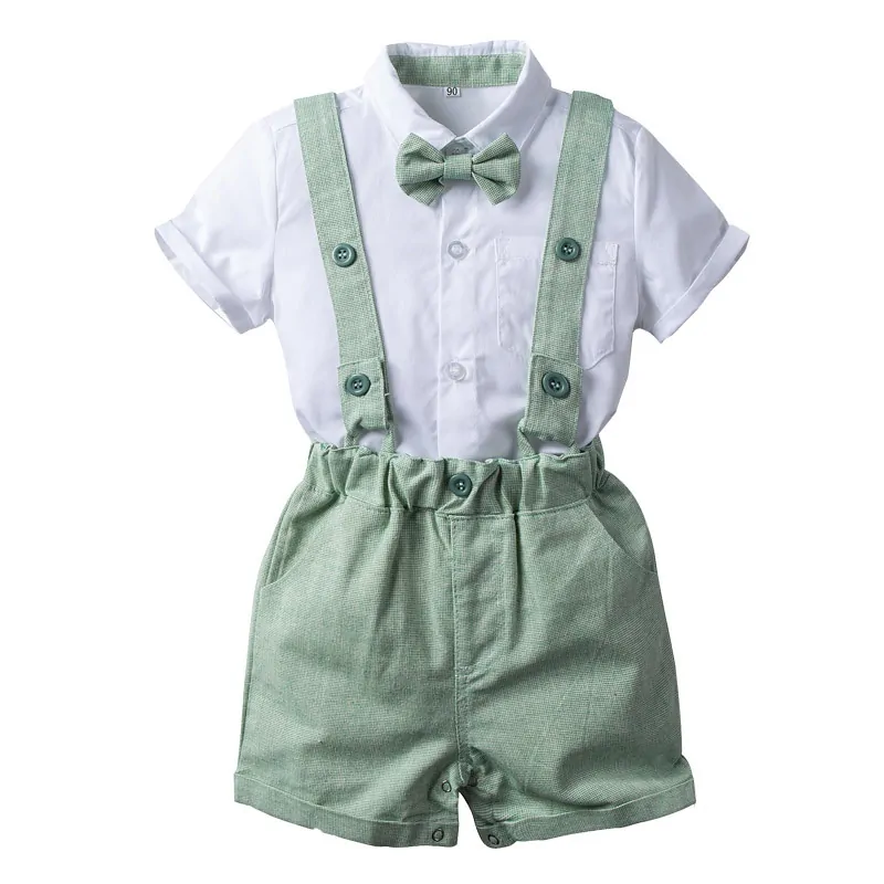 Baby Boys Daily Summer Clothes Children Green 3 PCS Cotton Suit Solid T-shirt Overalls with Bow Toddler Fashion Casual Outfits