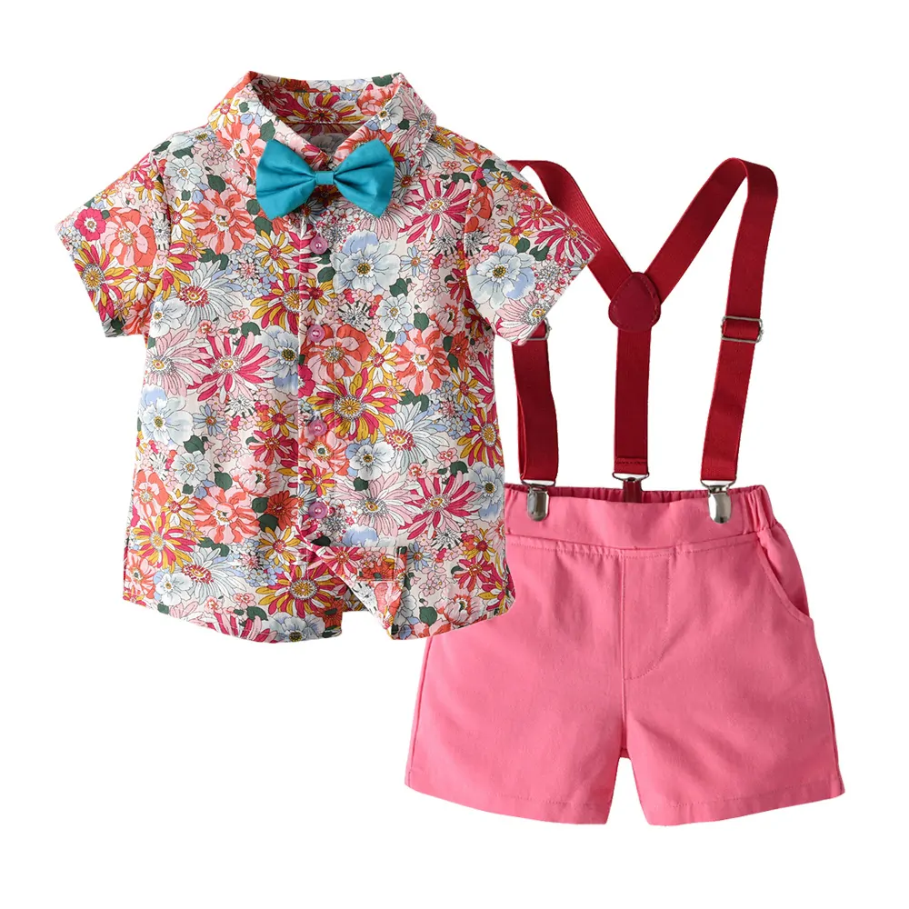 Cotton Fashion Kids Boys Clothing Summer Daily Casual Set Children Flowers Printed Shirt Pink Pants Suspender Bow 4 PCS Suit