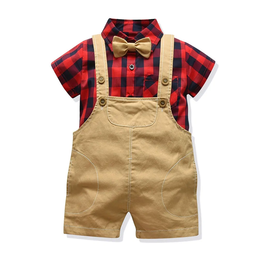 Toddler Boy Clothes Baby Single Breasted Suit Set Plaid Shirt Denim Jumpsuit for Boy Clothing Turn-down Collar Outfit Sets