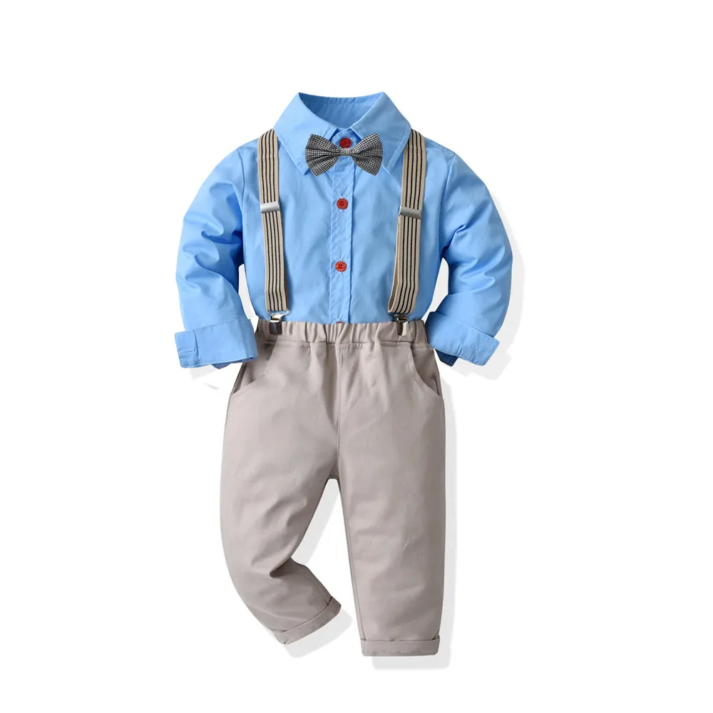 Kids Suits Children Clothing Set Cotton Long Sleeve Solid Shirt with Pants Belt for Boys Outfits Blue White 1-6 Years