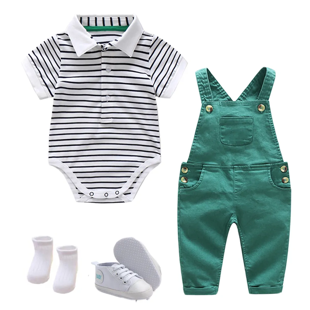 Boys Summer Hat Suit Baby Clothes Set Cotton Cap Striped Romper Green Jumper Shoes Socks 5 PCS Casual Children Outfit