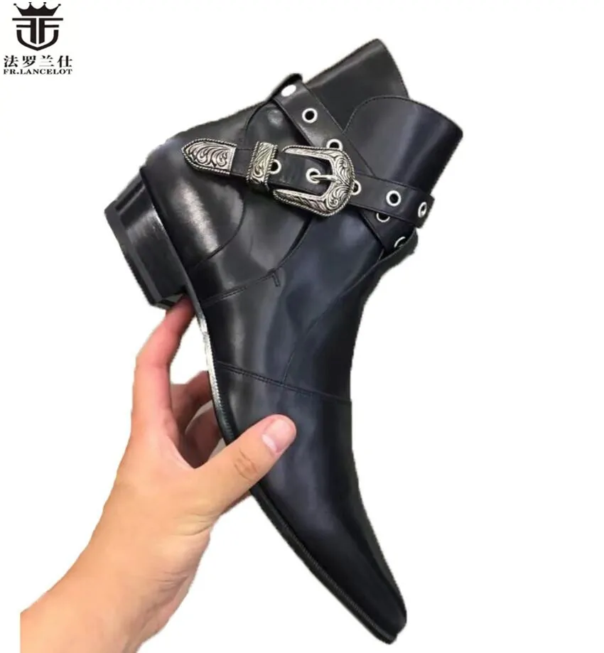 FR.LANCELOT 2024 buckle men boots genuine leather black Pointed Toe luxury fashion classic party shoe formal ankle boots men
