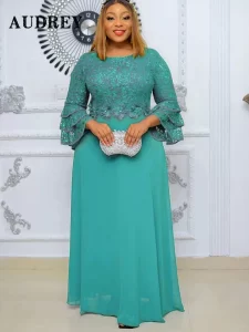 Plus Size African Party Dresses for Women New Fashion Dashiki Ankara Lace Wedding Gowns Elegant Turkey Muslim Maxi Dress