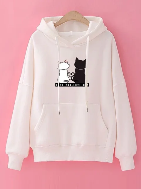 Streetwear Hoodies Women Sweatshirt Autumn Spring Long Sleeve Harajuku Cat Print Sweatshirts Casual Pullover sudadera mujer - White, 3XL