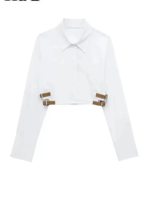 XNWMNZ 2024 Women Lapel Cropped Shirt Casual Long Sleeve Pocket Belt White Short Blouse Female Simple High Street Tops